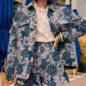 Sézane Willa Jacket, blue jacquard floral. Size M